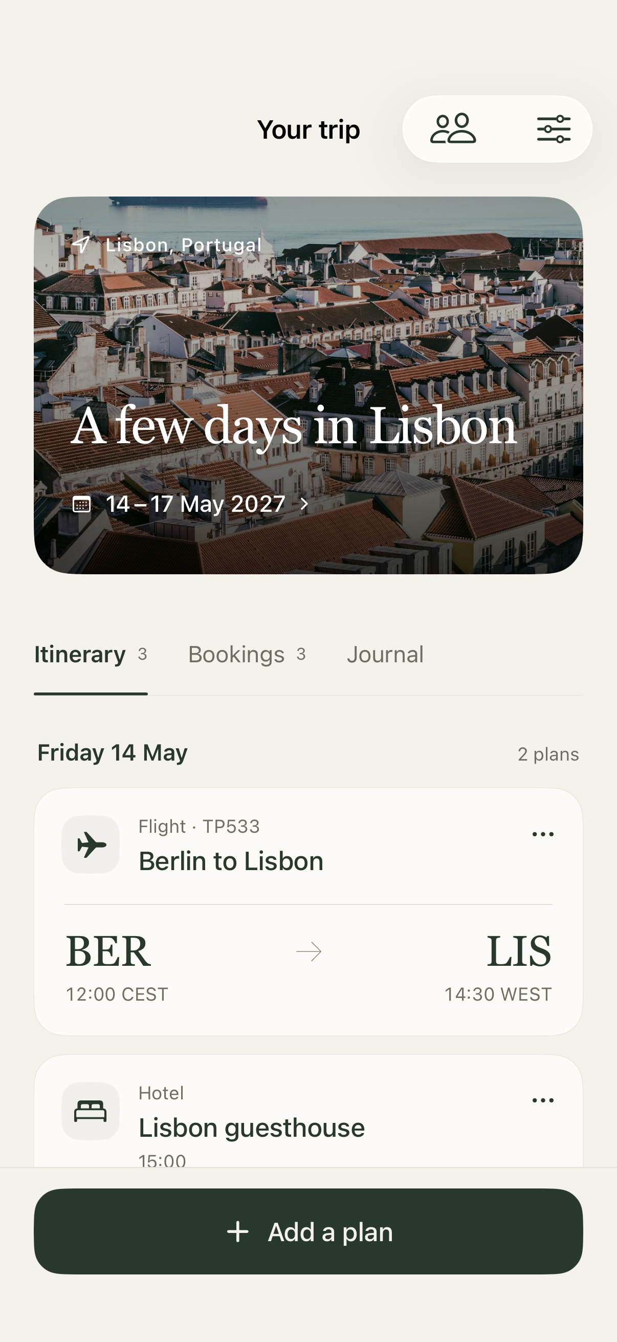 Departures itinerary showing a Lisbon trip with flight and hotel details