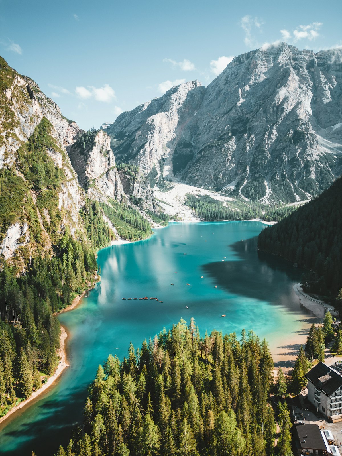 Lago di Braies framed by the mountains of the Dolomites